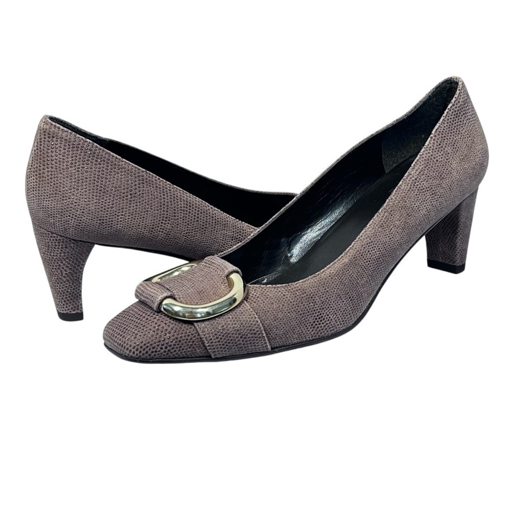 STUART WEITZMAN The Tube Textured Brown Napa Gold Buckle Square Toe Pumps Sz 7.5